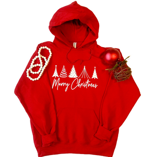 This is a 5 Tree Merry Christmas Graphic Hoodie on a red Jerzee NuBlend.