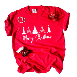This is a 5 Tree Merry Christmas graphic t-shirt. The brand is Comfort Colors and the color is red.
