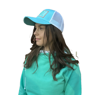 This teal cap has the word Howdy written on it.