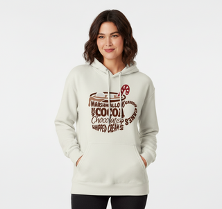 Marshmallow Hot Cocoa Chocolate whipped Cream Graphic on an ivory Hoodie 