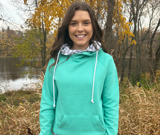 This is the Madi Double Hood Pullover in the color solid mint. 