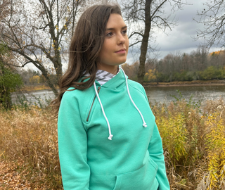 This is the Madi Double Hood Pullover in the color solid mint. 