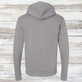 This is a Raised On Country Music Graphic Hoodie and the color is solid stone. The brand is Next Level. It is showing the back of the hoodie.