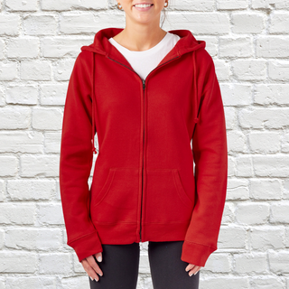 Front view of the Bailey Full Zip Hoodie in the color red on a model. 