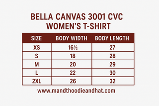 Bella Canvas size chart with smaller text
