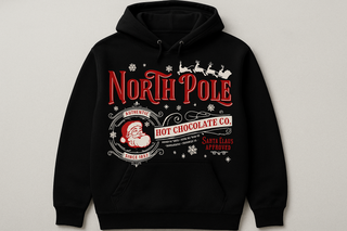 North Pole Hot Chocolate Co Jerzee hoodie in black. 